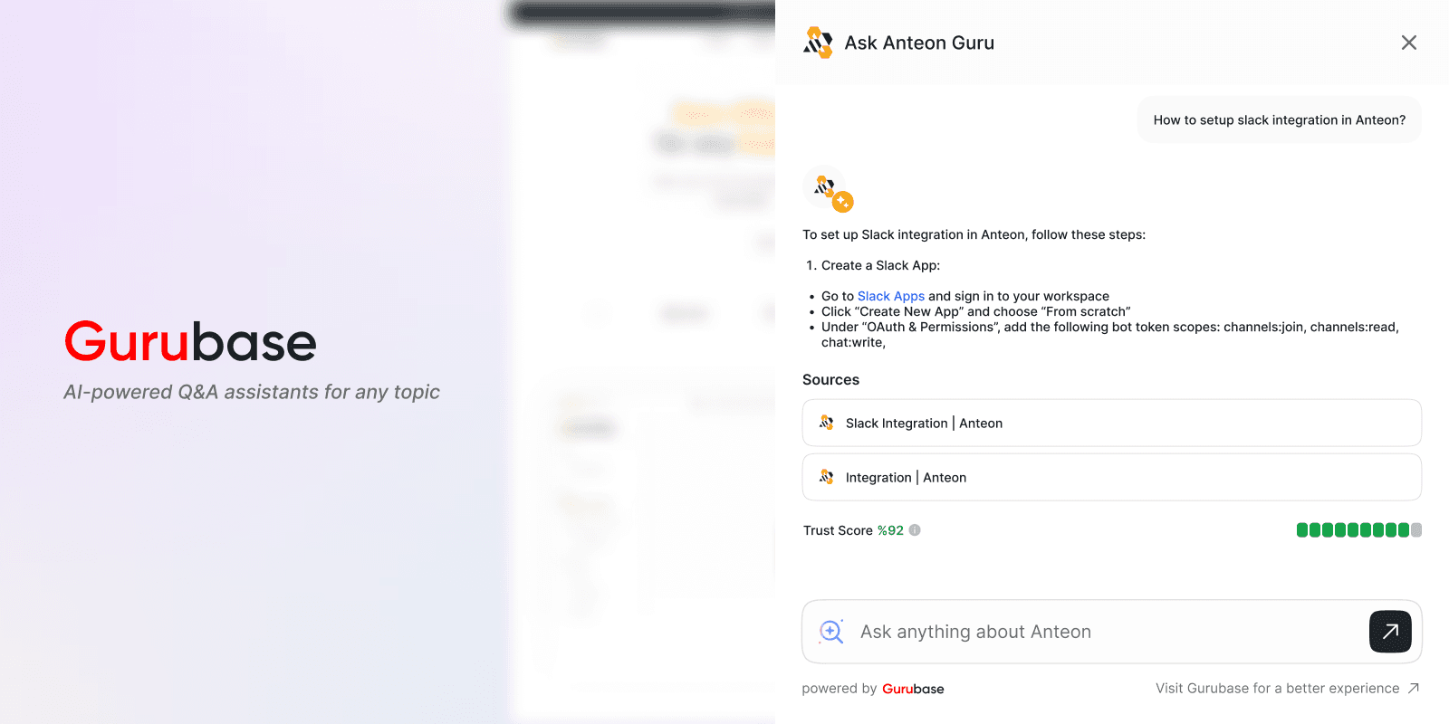 A mockup of the Gurubase integration - an AI-powered Q&A assistant for any topic