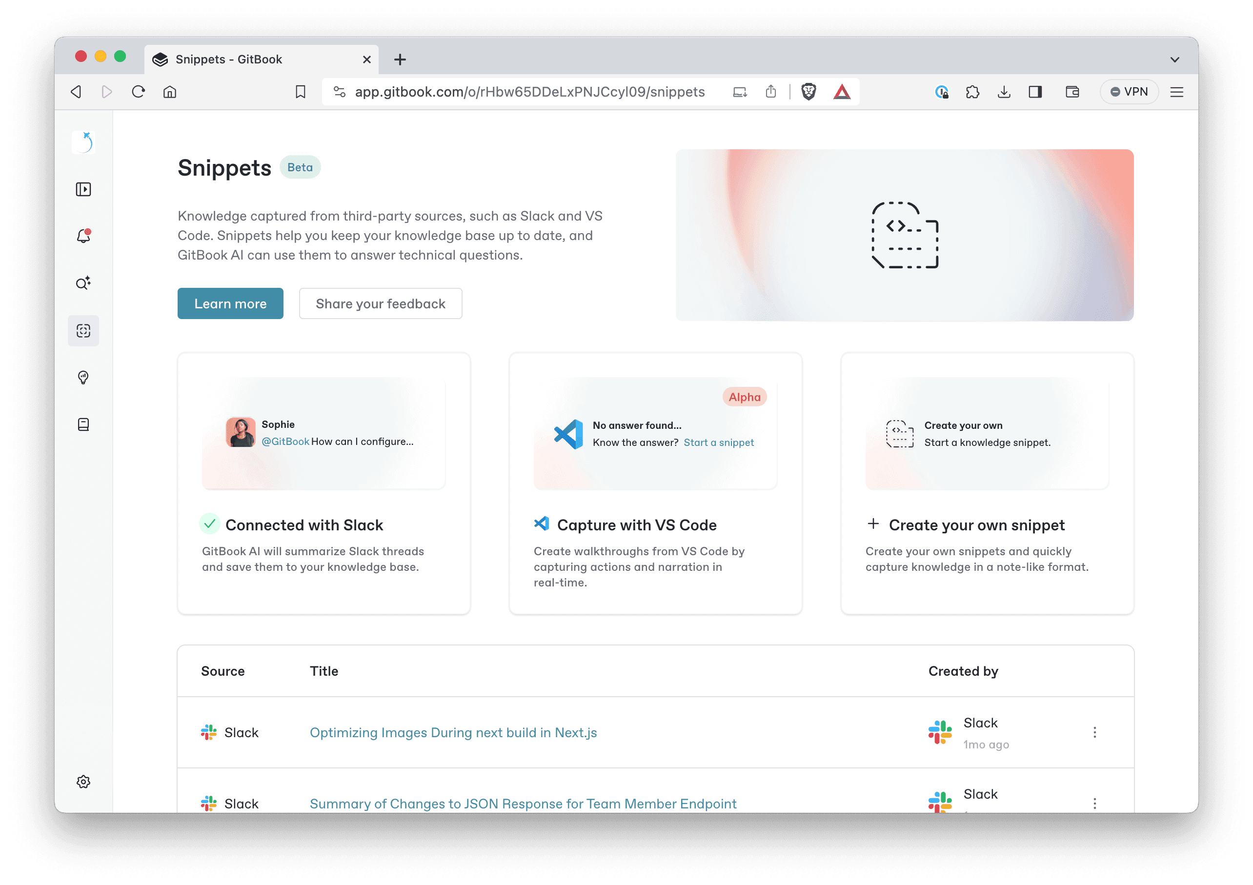 The new Snippets page in GitBook
