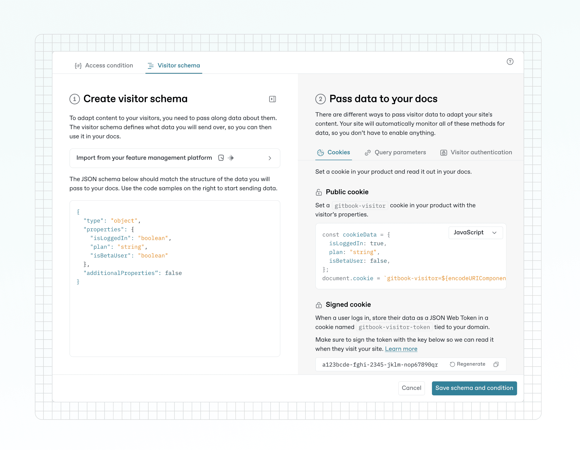 A screenshot of the 'Visitor schema' menu in GitBook, which lets you set up different user groups that you can use to define access permissions in adaptive content