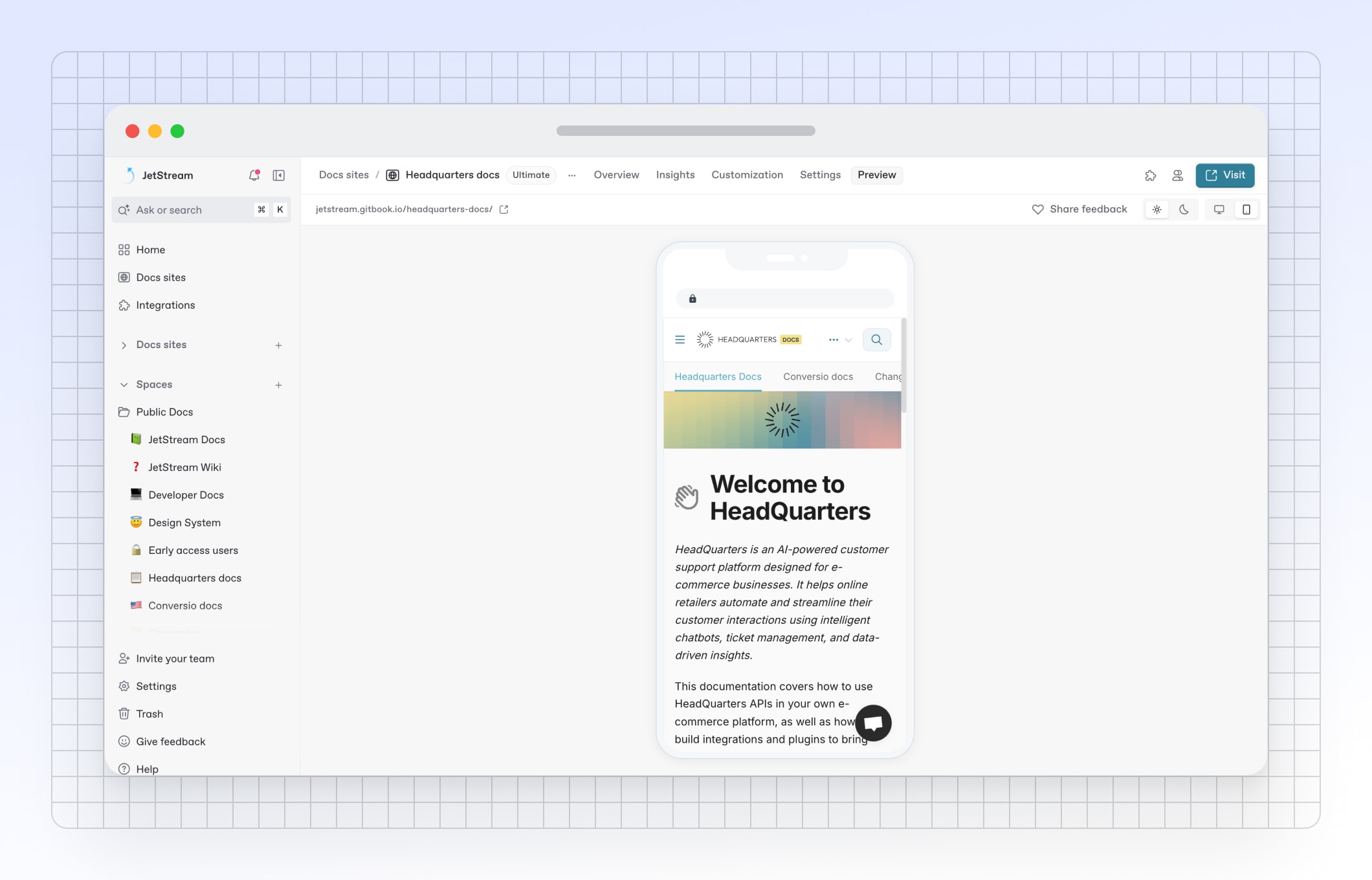 A screenshot showing the site preview within the GitBook app, with a mobile view being tested