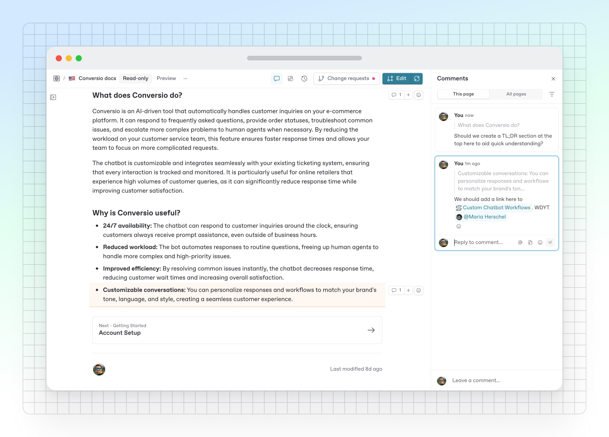 A screenshot of the GitBook app showing the improved comments sidebar and on-page highlight
