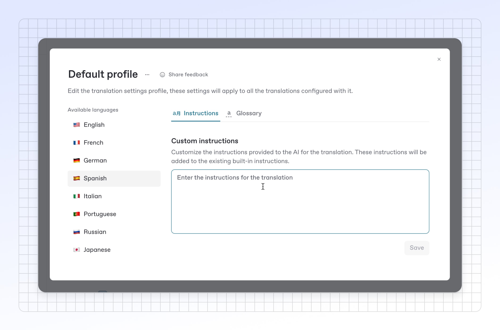 A screenshot showing the options you have in GitBook to set custom rules and a glossary for translations
