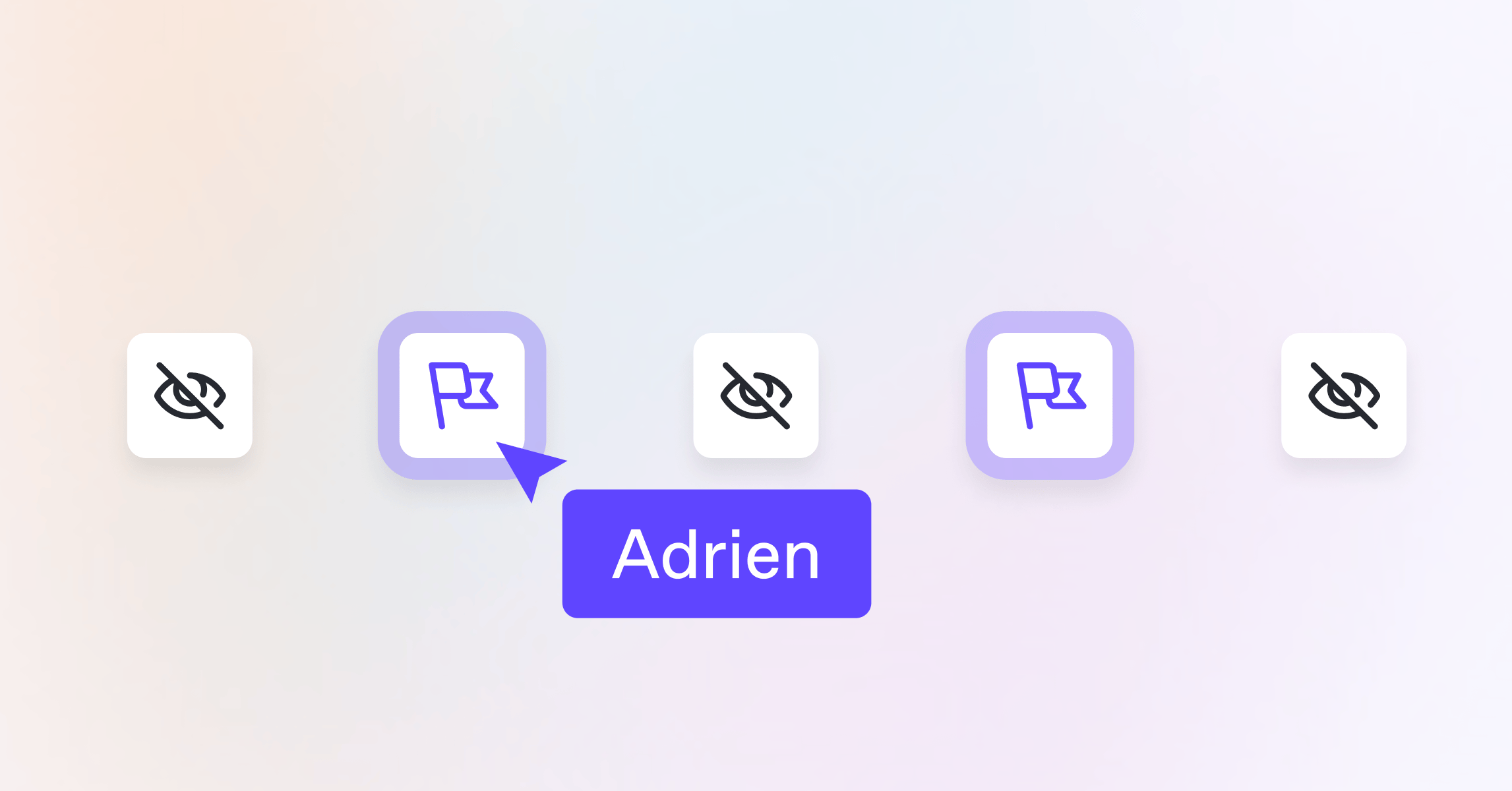 A screenshot showing five logos in a line. Three represent pages that are hidden, while two show a flag to represent that the user can view that content as they have access to the feature flag in the product