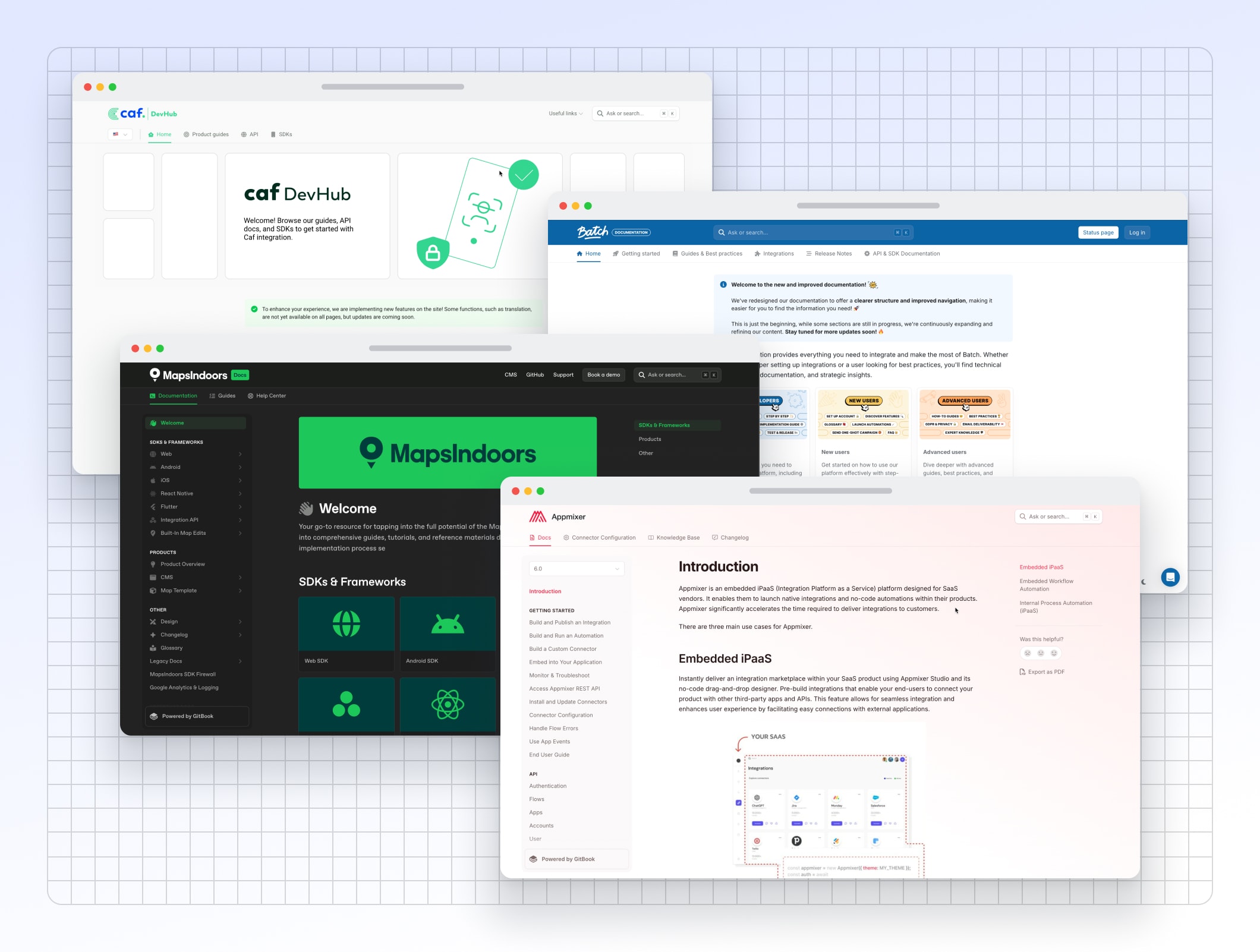 A range of developer documentation utilizing new customization themes and styles in their published docs