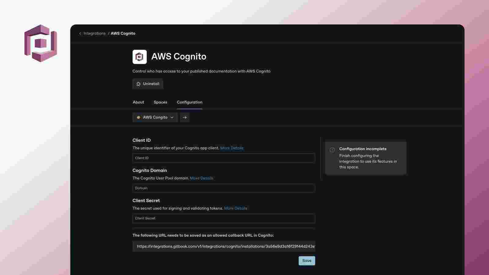 A mockup of the AWS Cognito integration for GitBook