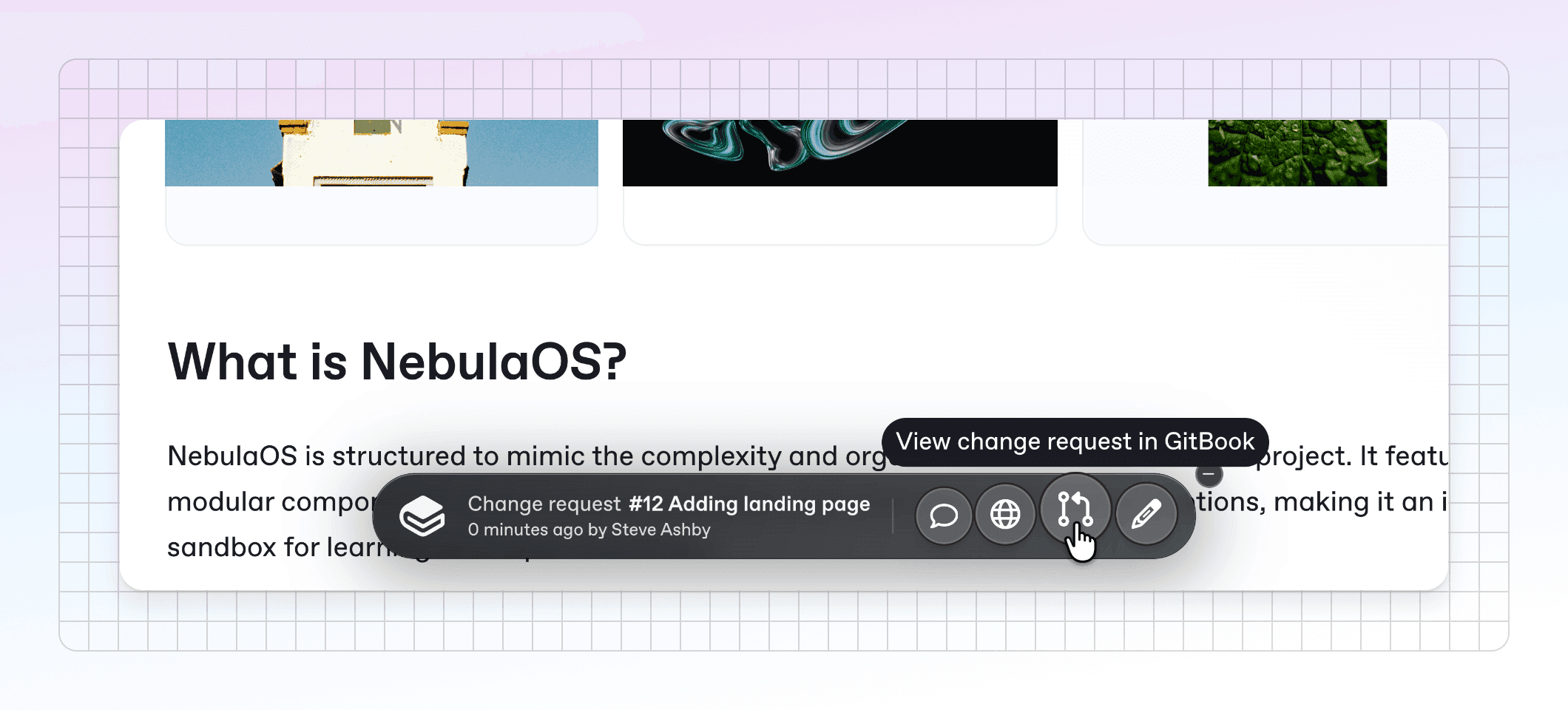 A screenshot of a change request deploy preview for a GitBook docs site. The screenshot is zoomed in to the lower part of the screen and shows a hovering toolbar with options that let viewers jump quickly back to the GitBook app to access useful functions