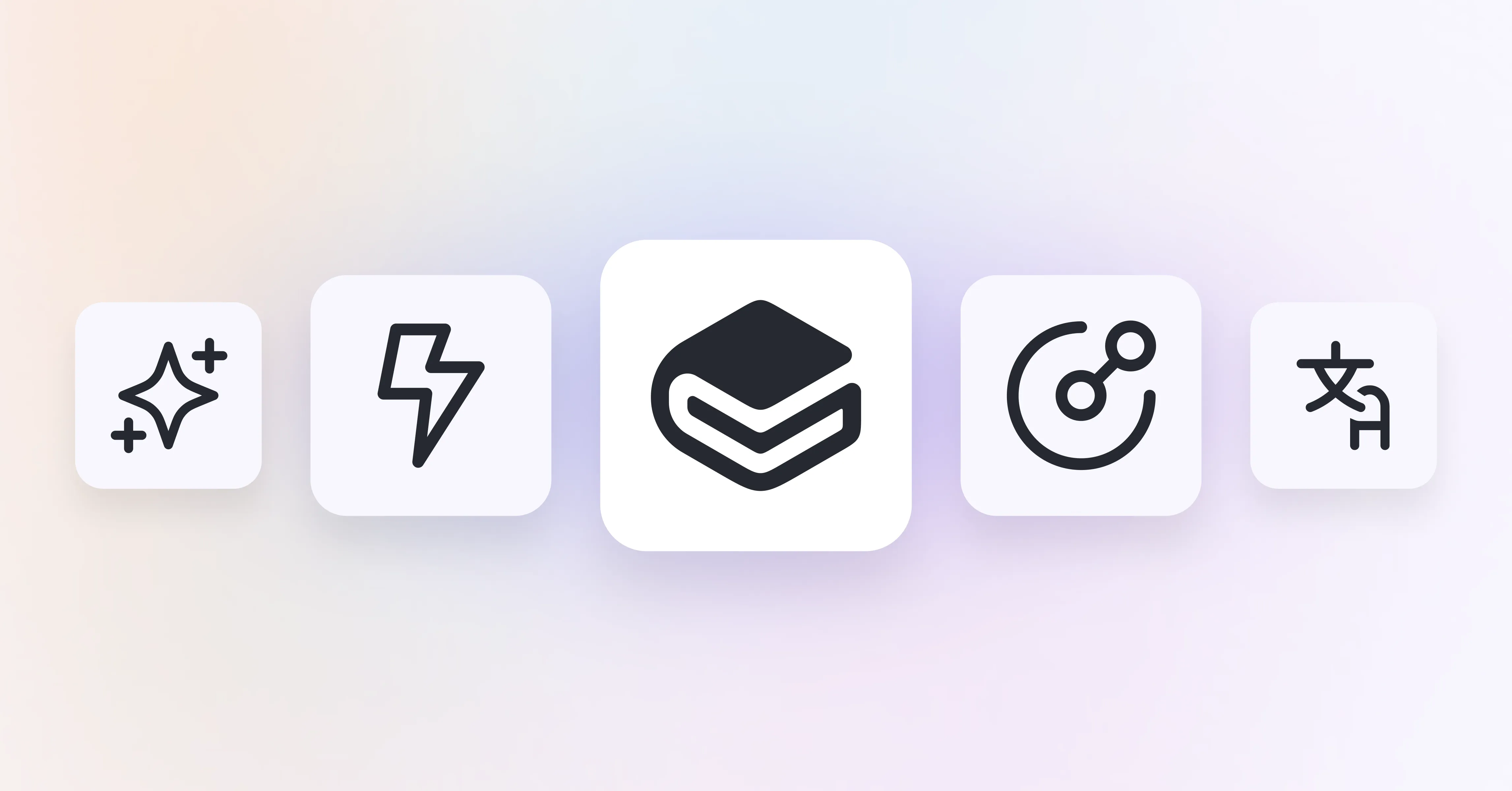 Five minimalist black icons on a light background representing sparkle, lightning bolt, the GitBook logo, APIs, and language translation.