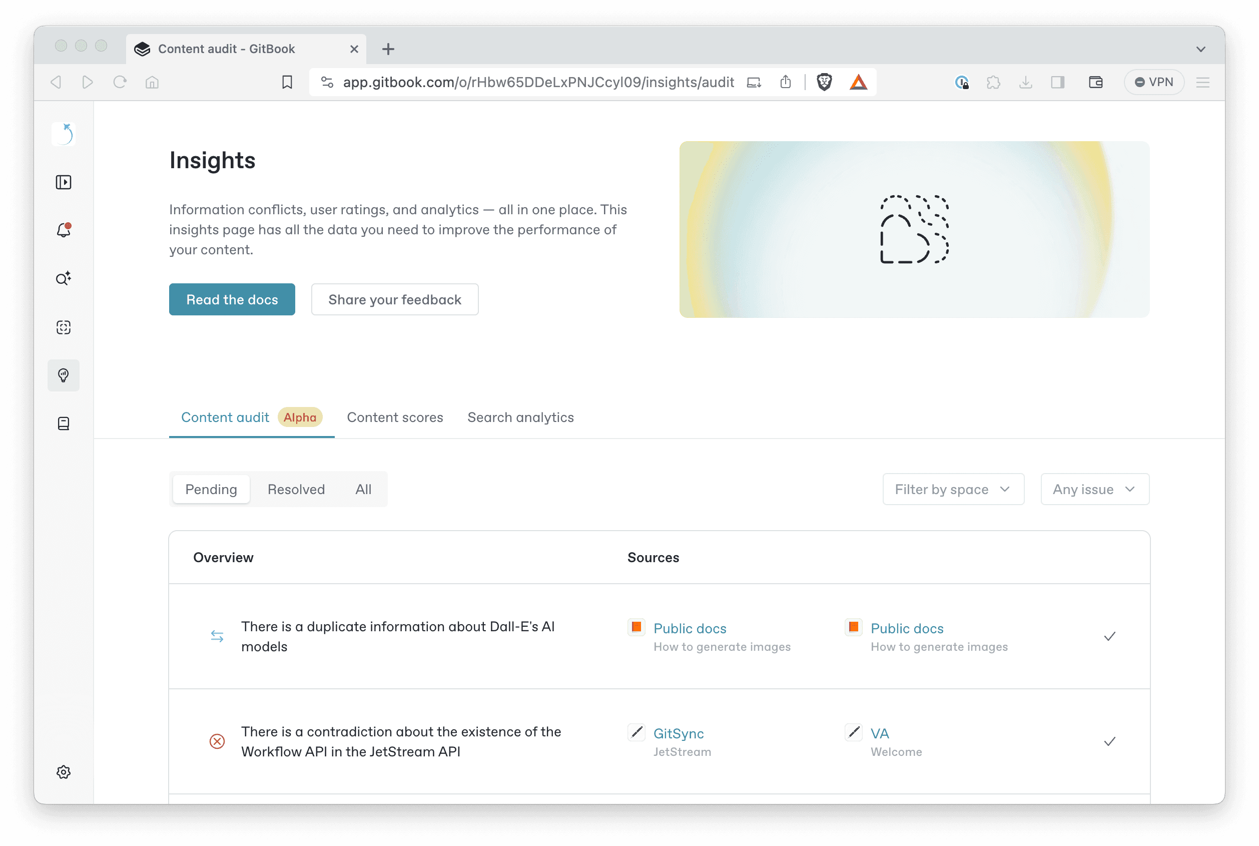 A screenshot of the improved insights page in GitBook that lets you audit your content