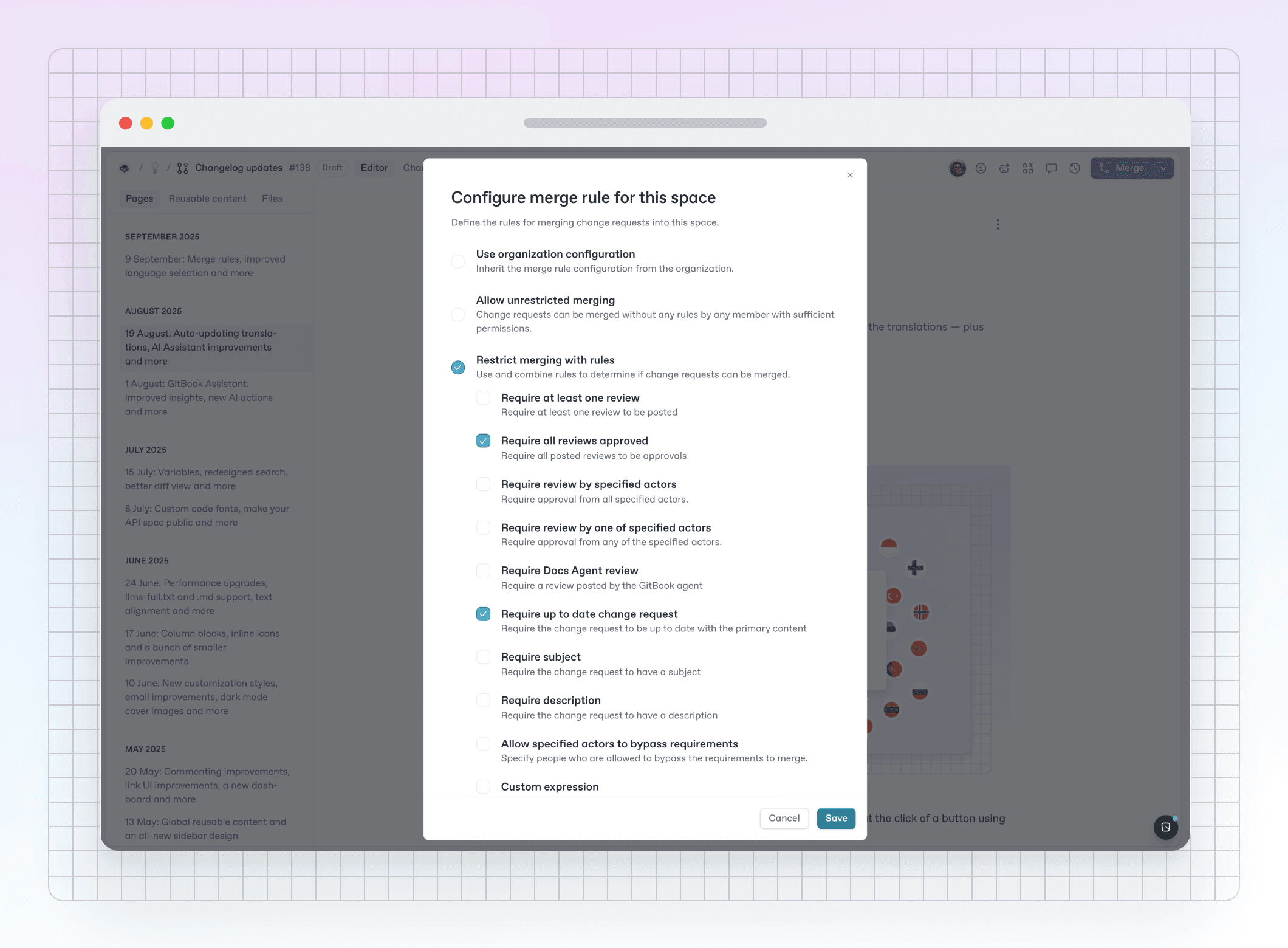 A screenshot of GitBook showing the Merge rules screen with two rules configured