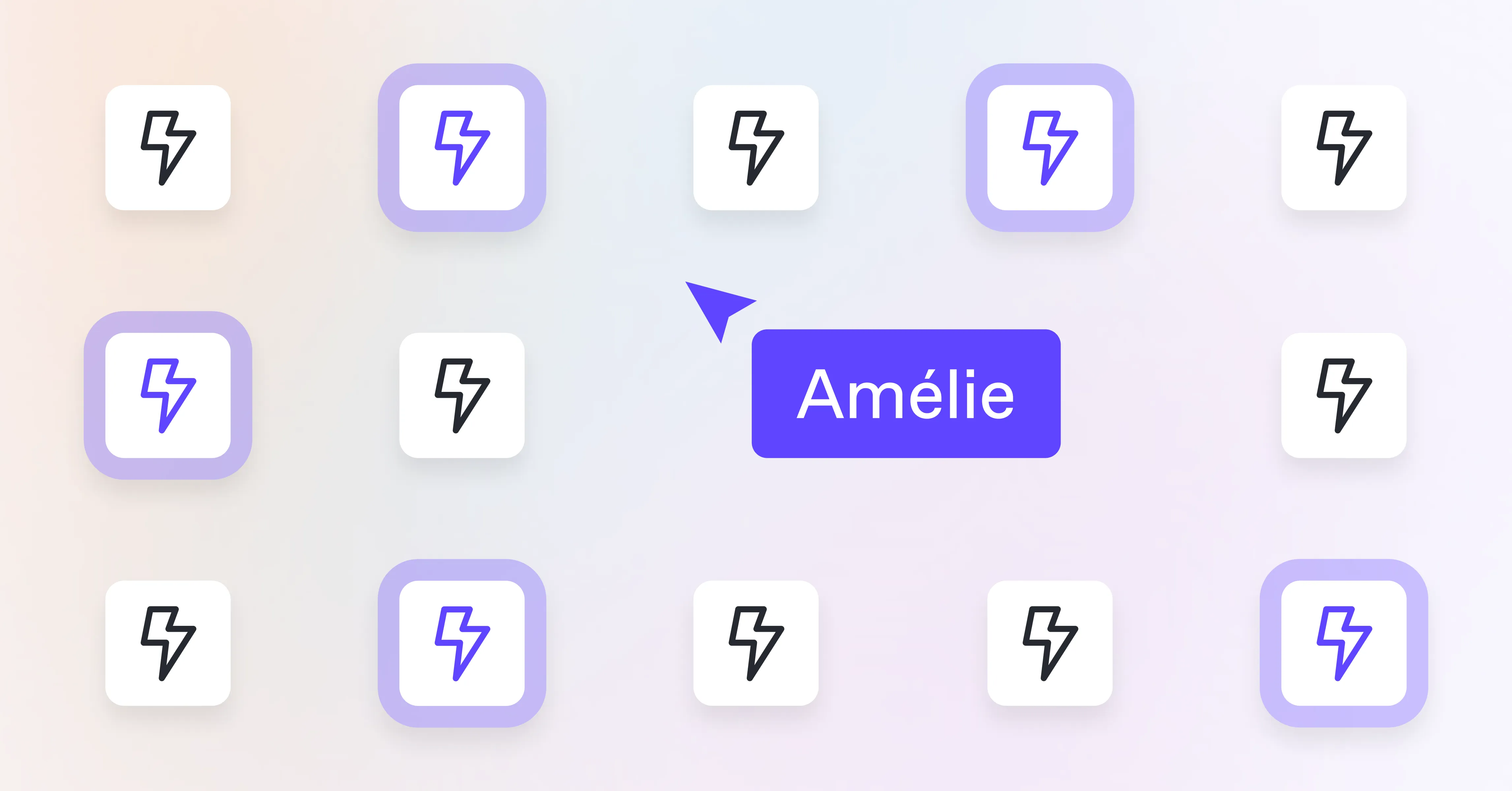 A grid of squares, all with lightning bolt logos. There's a purple user cursor with the name 'Amélie' and some of the squares are highlighted purple to show that the user can see them