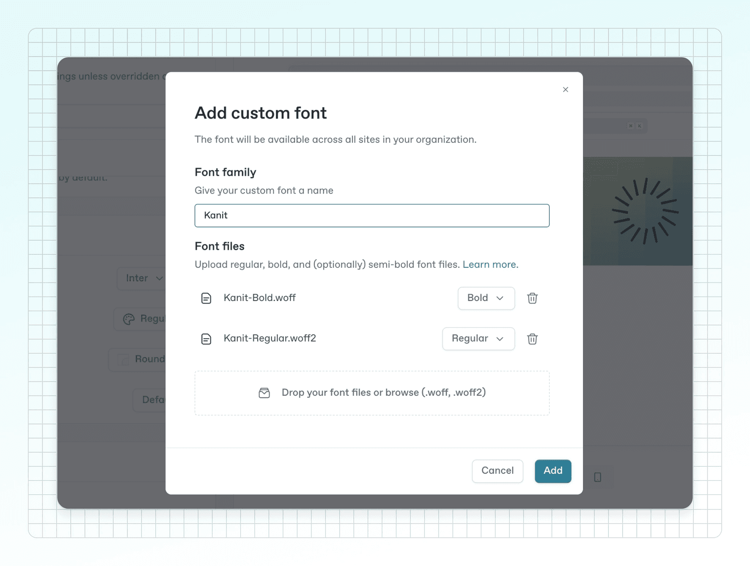 The font upload dialog helps set the required styles to make your custom font look good