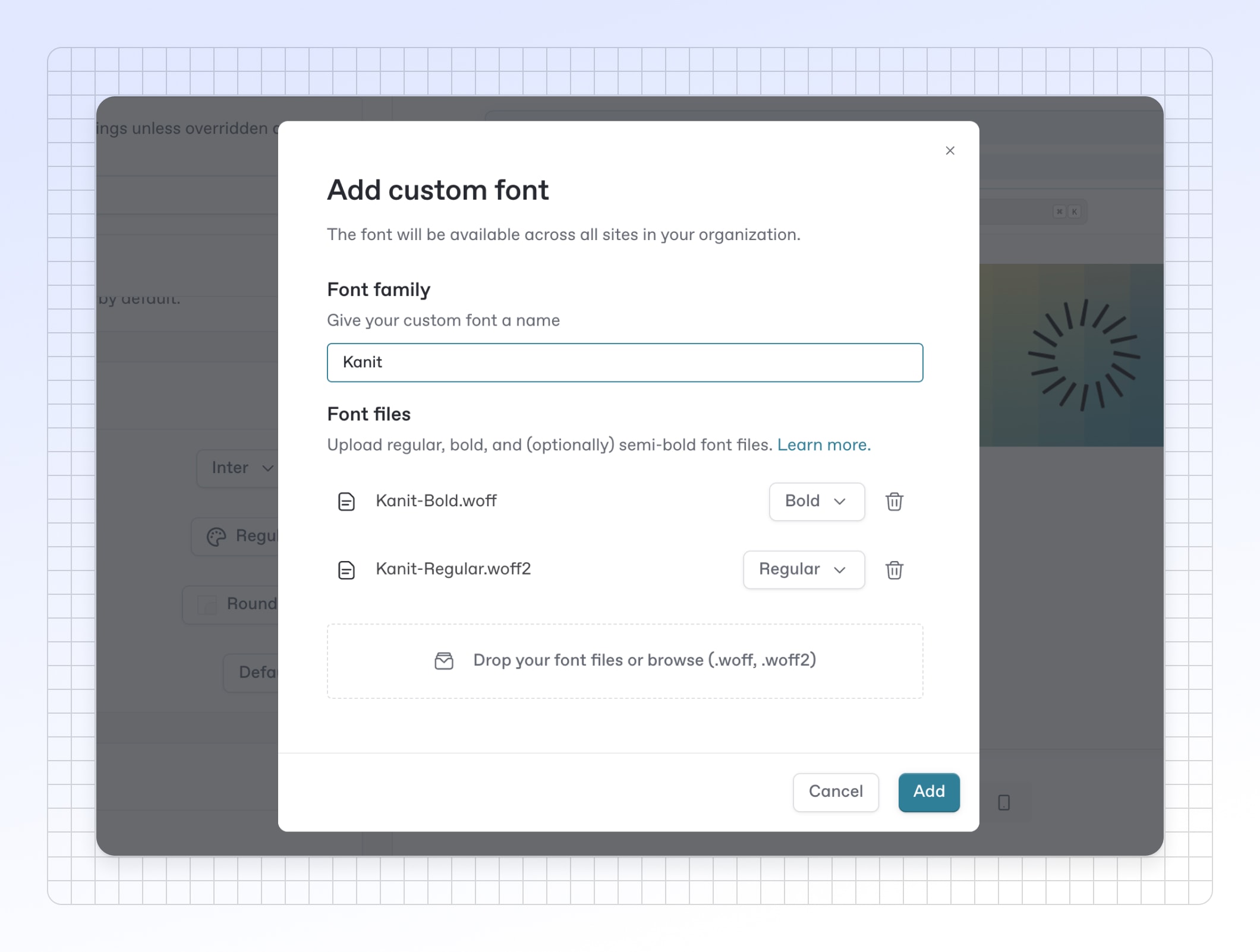 A screenshot showing the menu where you can add a custom font for your docs site