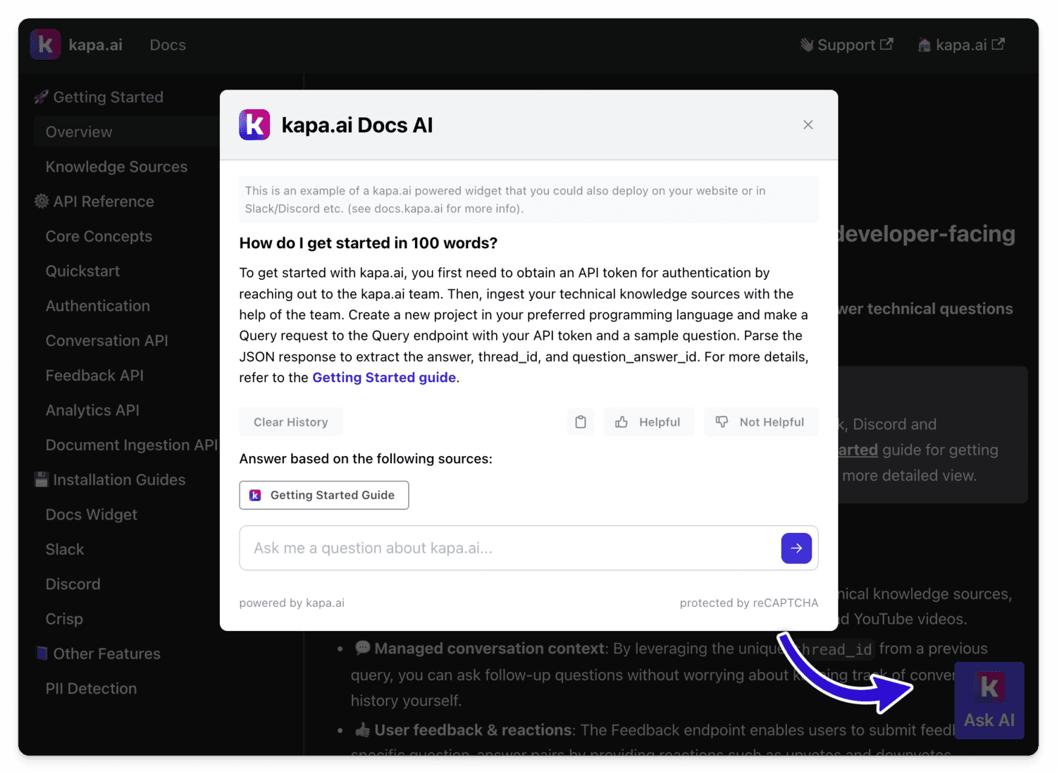 A screenshot of Kapa.ai being used in GitBook documentation