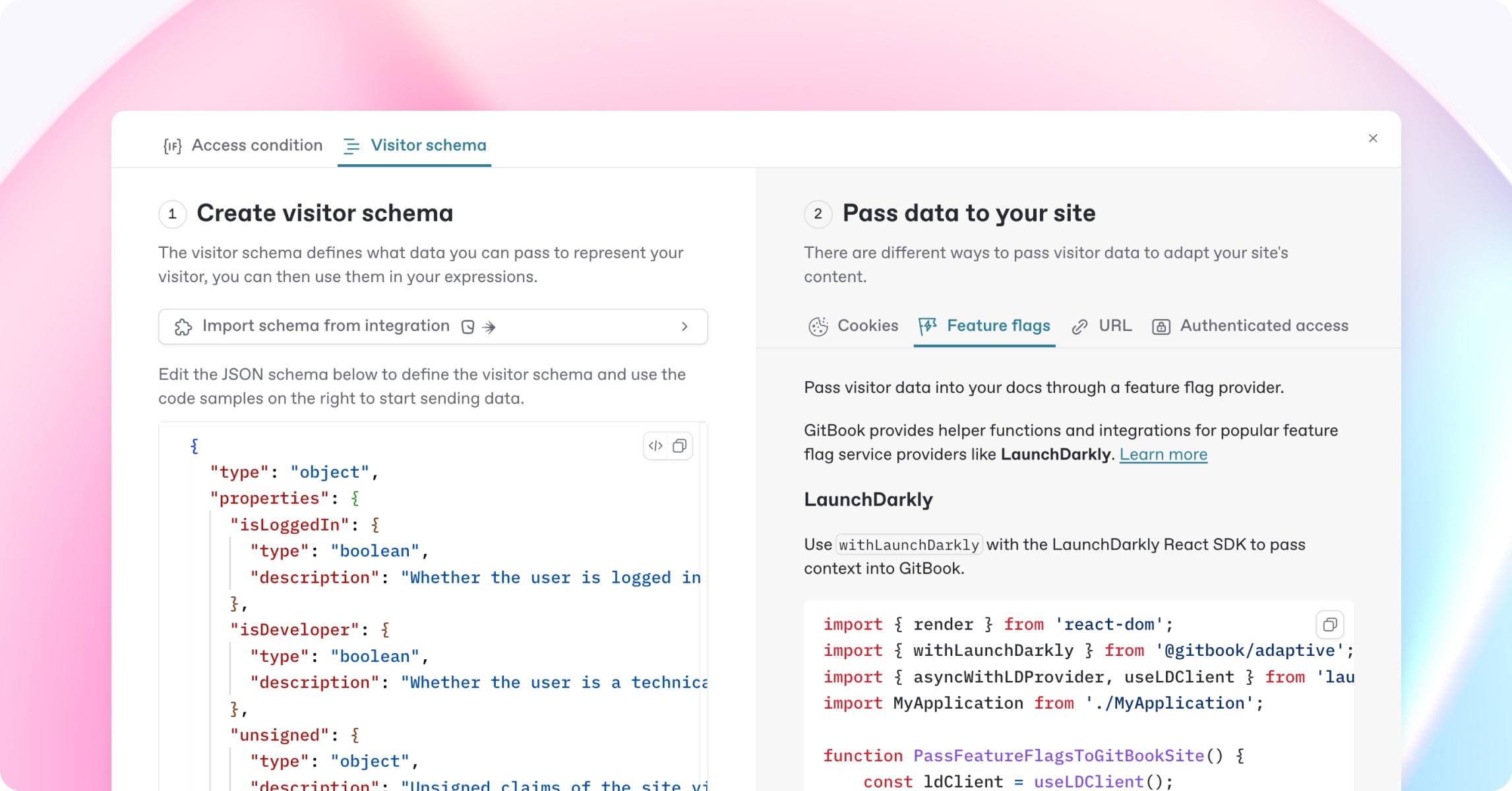 A screenshot of the GitBook scheme builder on a pink, blue and white background