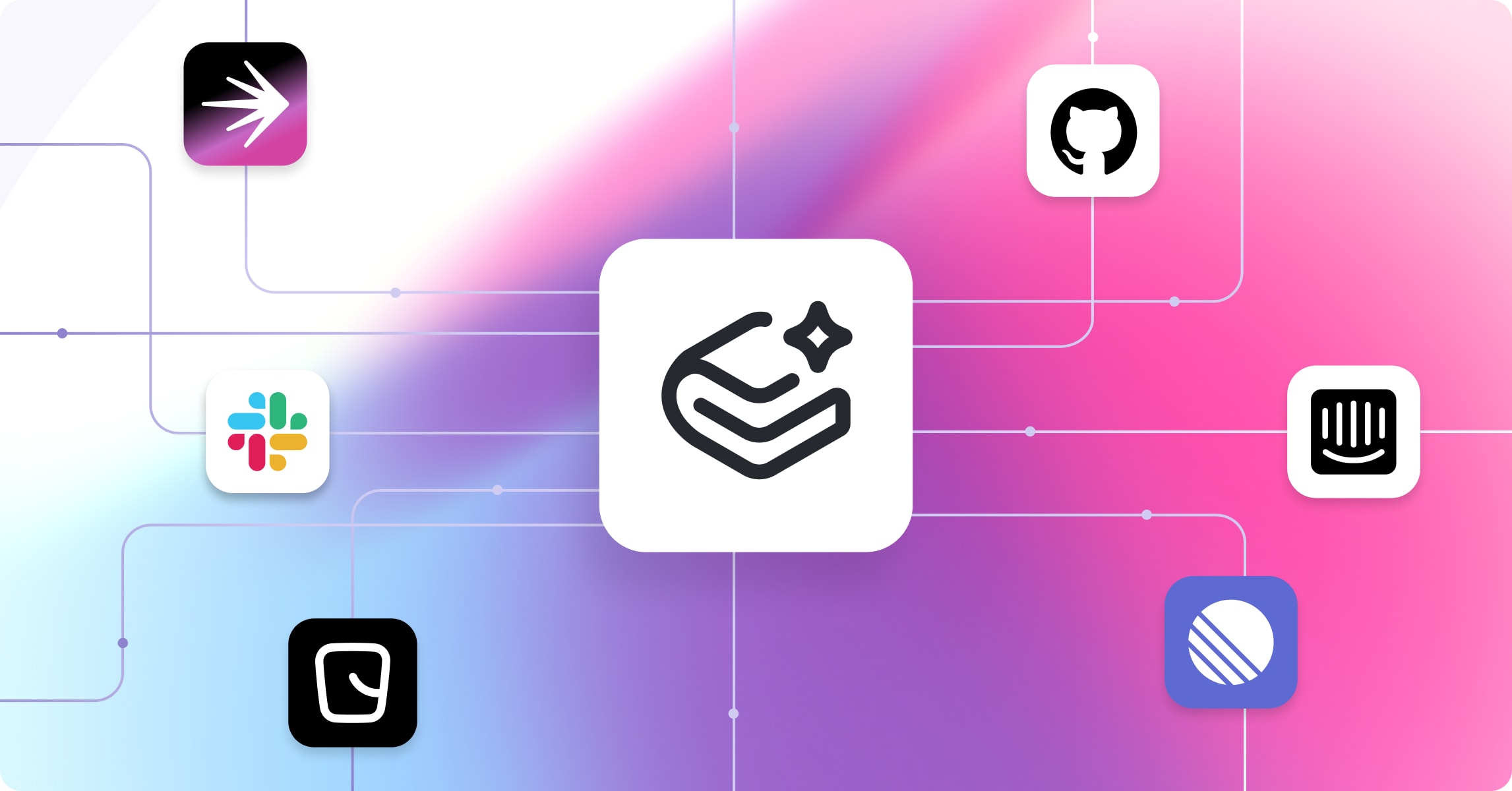 An illustration of different product icons — including LaunchDarkly, Slack, Bucket, GitHub, Intercom and Linear — flowing into the GitBook Assistant icon in the center. This all sits on a pink, blue and white background