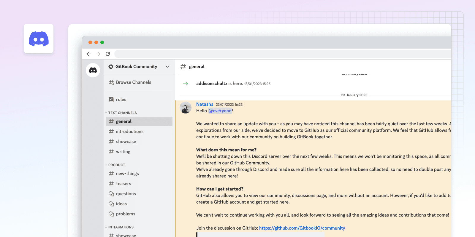 An example of real-time events from GitBook notifying a server channel in Discord