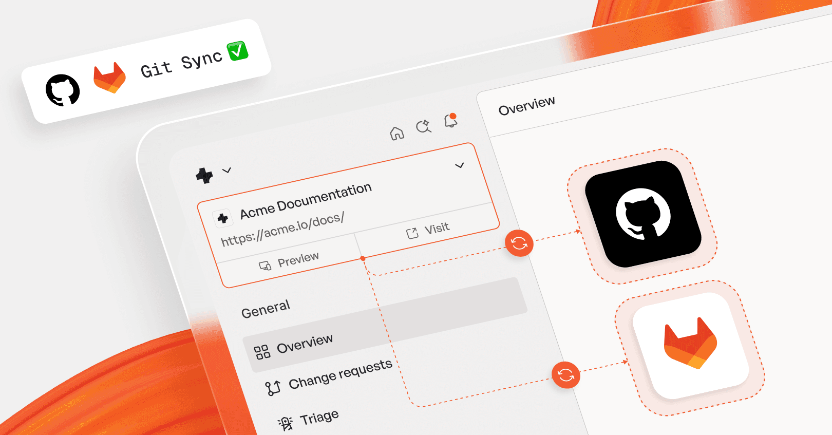 An illustration showing the GitBook app with Git Sync enabled across an entire site