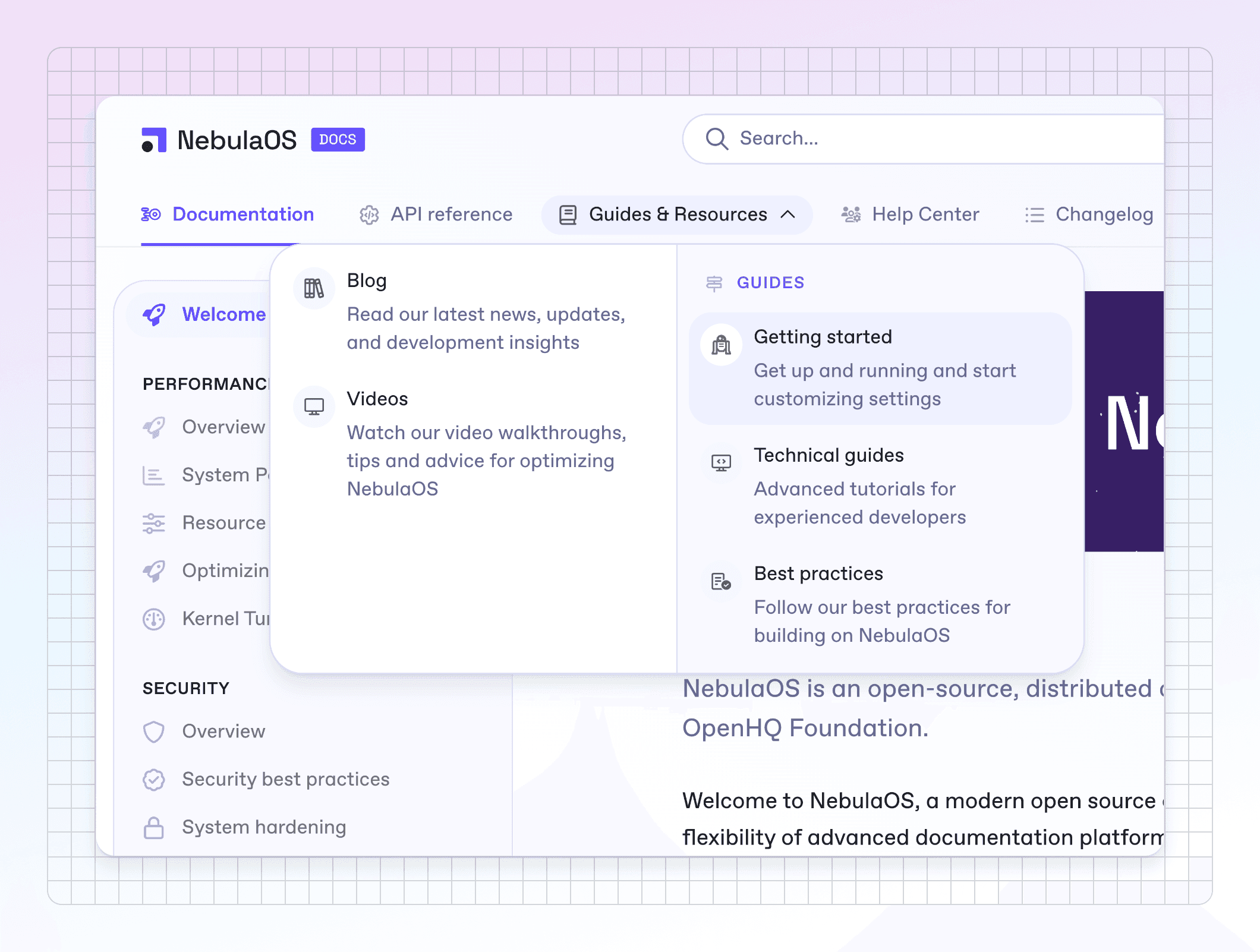 A screenshot of a published docs site in GitBook. The image is cropped to the top-left corner and focused on the navigation bar. A section group is open and inside you can see more site sections and another section group, forming a split navigation window that's nicely designed.