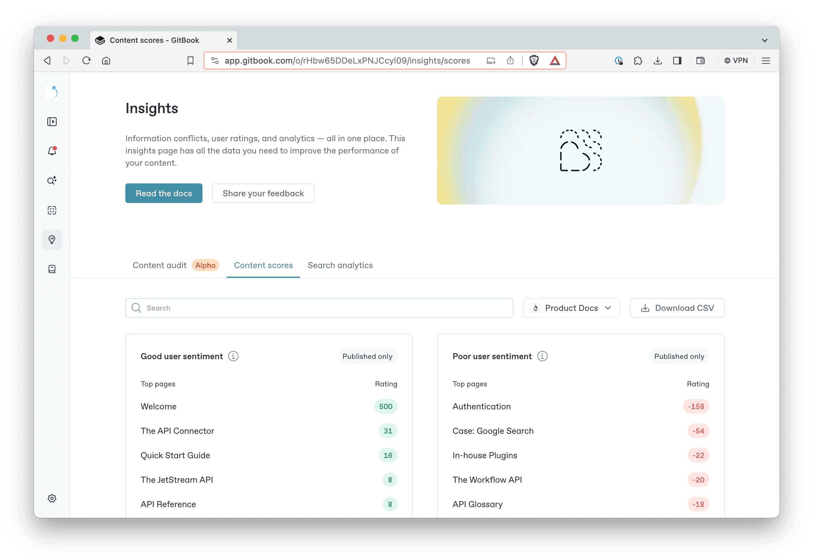 A screenshot of the new content scores panel in GitBook insights
