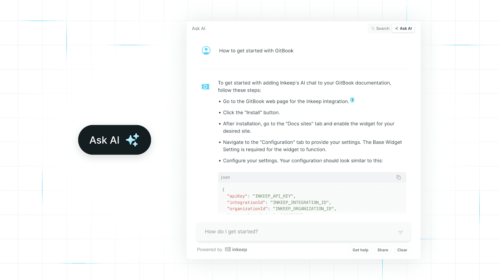 The Inkeep chat widget being used with GitBook published content