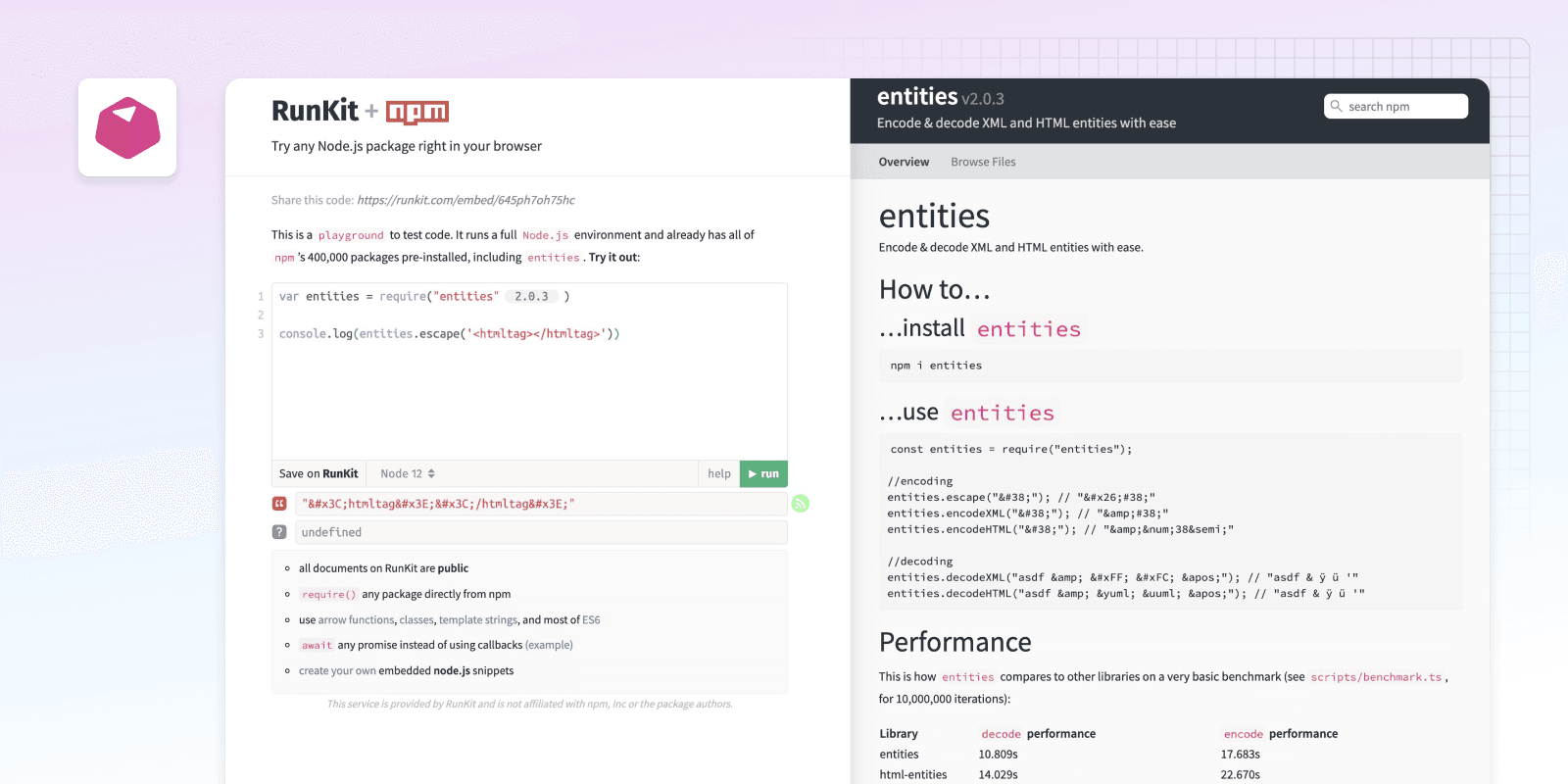 RunKit interactive Node.js notebooks embedded in GitBook docs