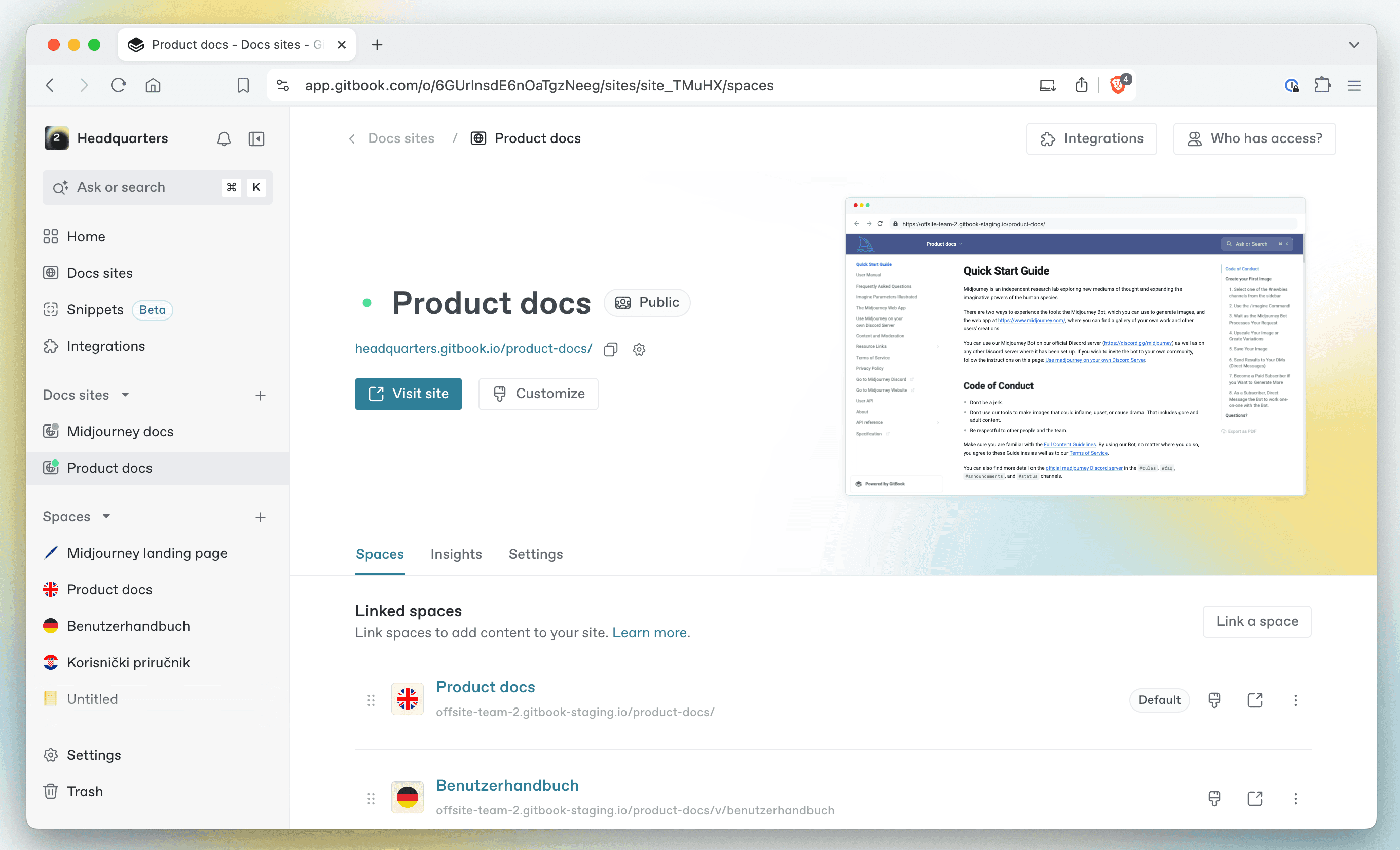 A screenshot of GitBook showing the new Docs sites page