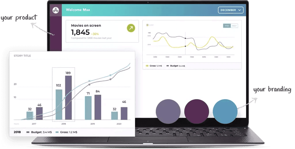 A screenshot of Toucan on a laptop. In front of the screenshot are colored circles and a graph, both looking like they're floating in front of the screen. Arrows pound out and say "your product" and "your branding"