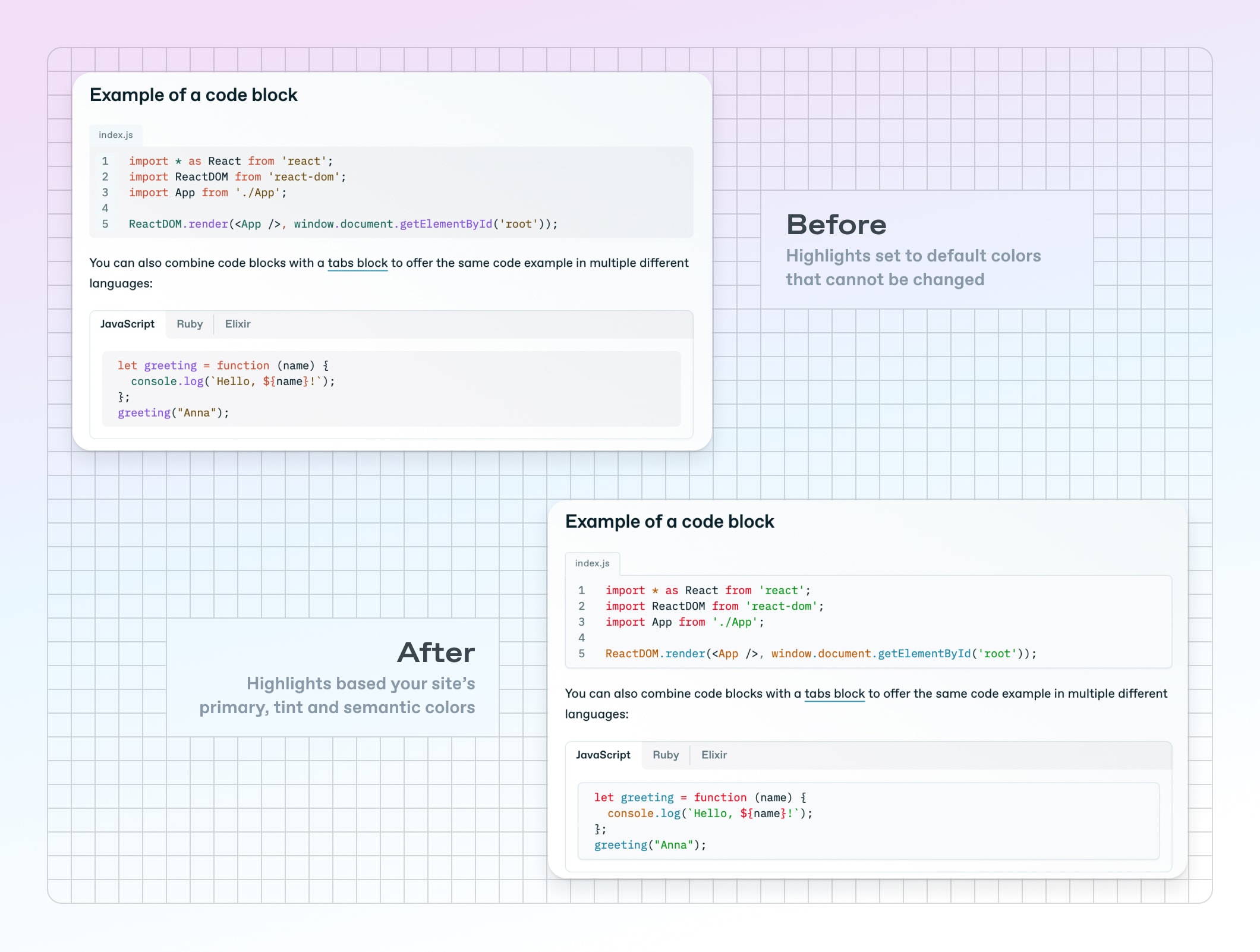A before and after screenshot of code blocks in the GitBook app. The colors of highlights within the code are different —&nbsp;they now match your site's colors 