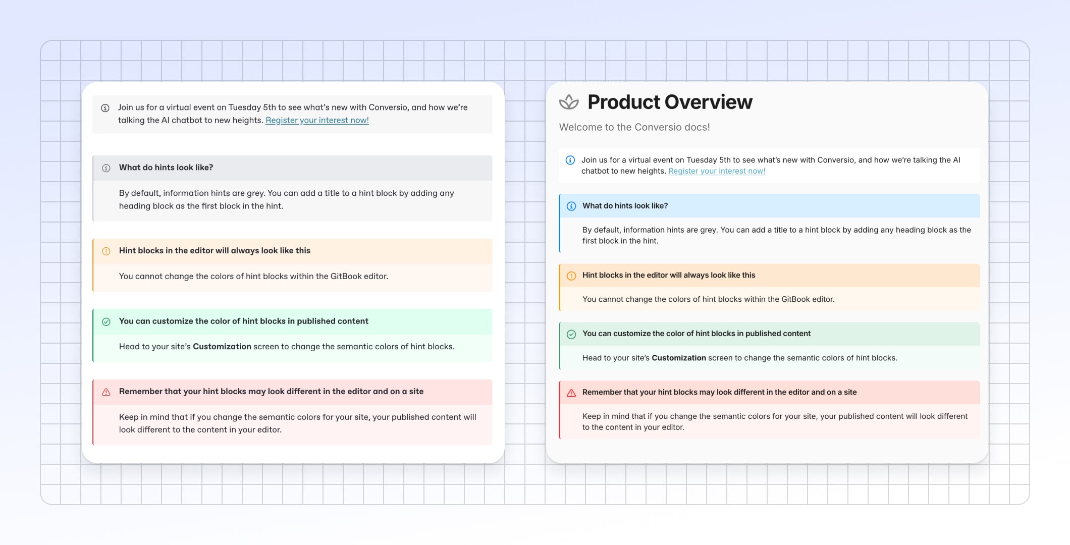 The new hint blocks with titles and semantic colors — showing how they look in the editor and in published content side-by-side