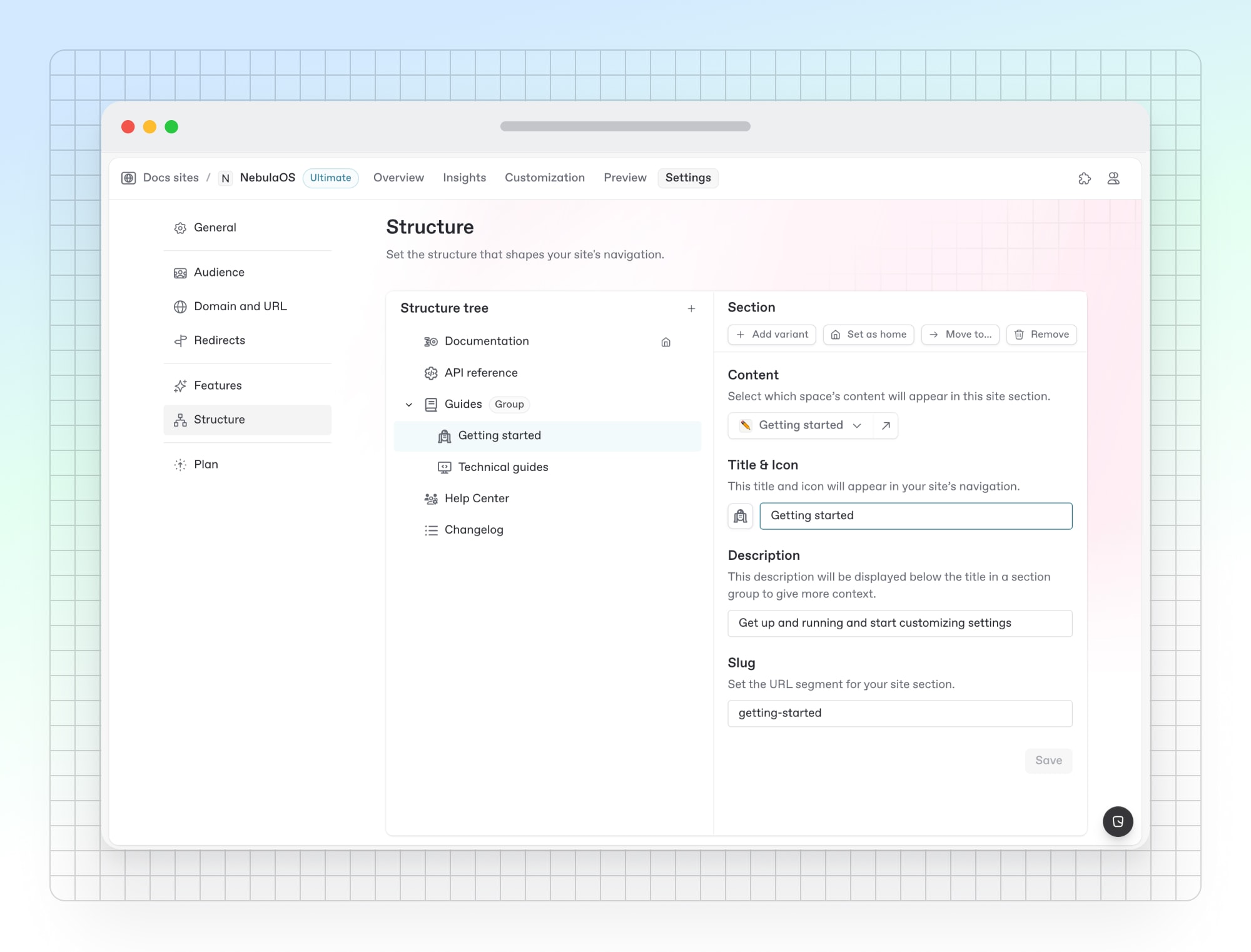 A screenshot of the GitBook app showing the new site structure menu