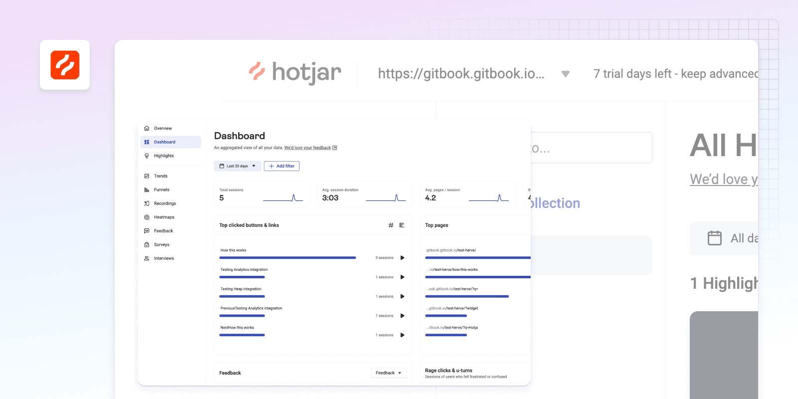 A preview of the Hotjar integration for GitBook
